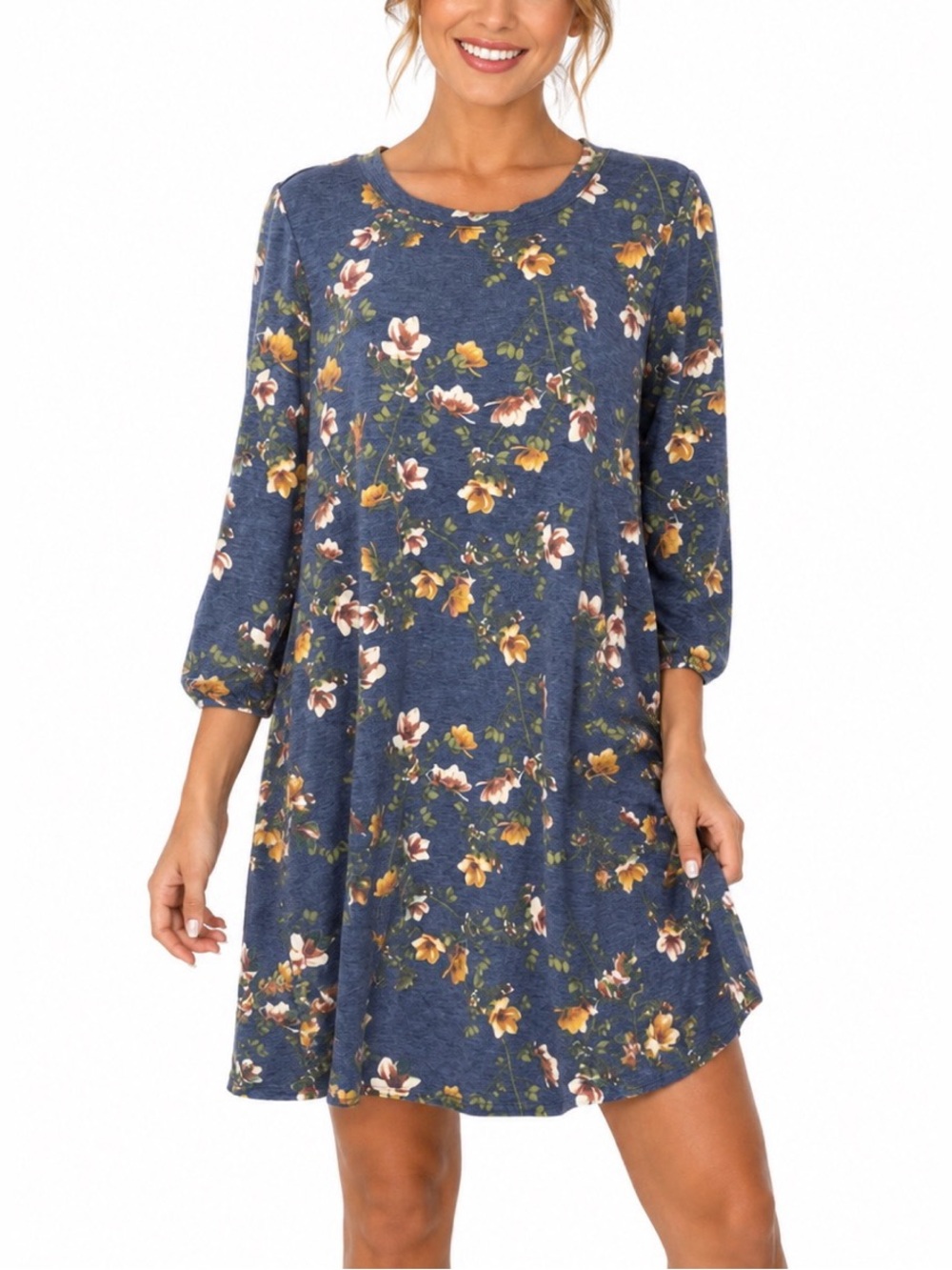 AGB blue floral long sleeve swing dress, size medium